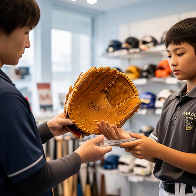 室蘭の野球用品店でスタッフが選手のグローブサイズを確認している様子