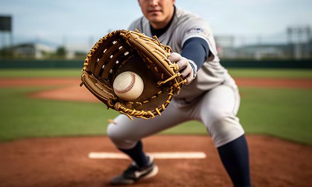 室蘭の野球場で内野手が硬式内野用グローブを構える様子